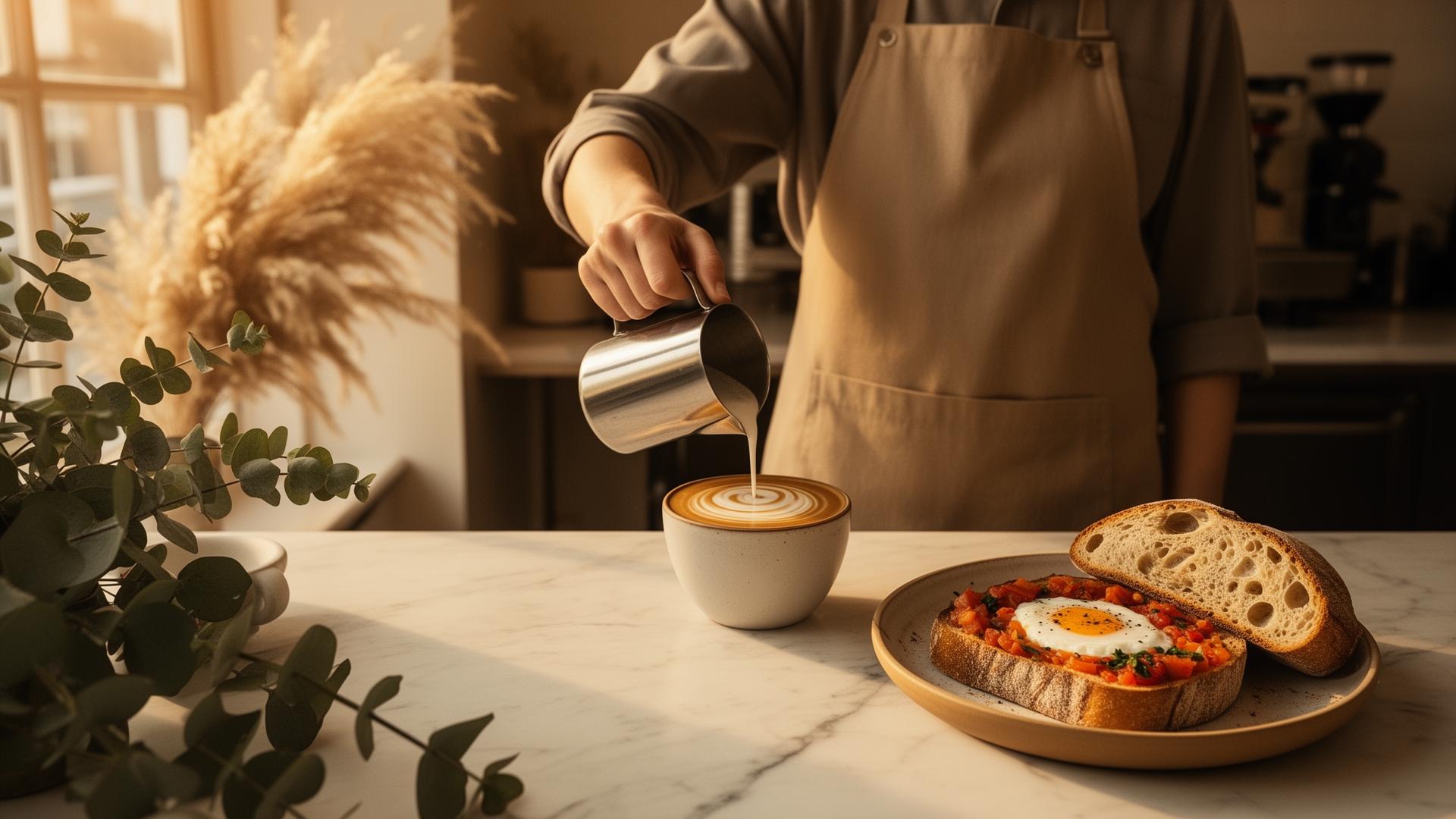 Barista pouring latte art beside a shakshuka brunch at Sand Cafe Southsea
